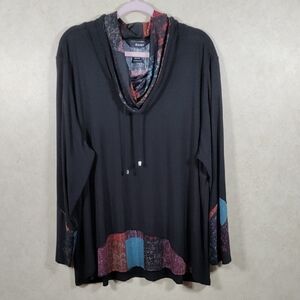 04506 Ali Miles black knit and patchwork layered cowl neck tunic 2X